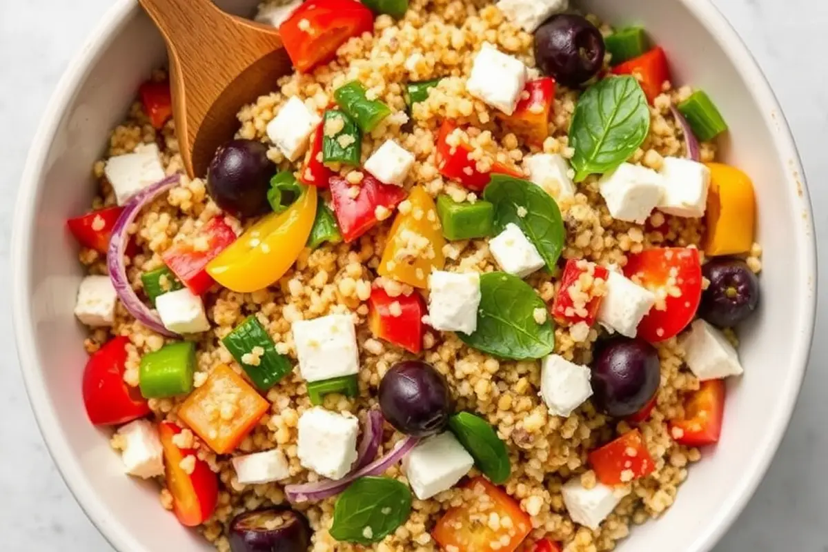 Tossing Mediterranean quinoa salad with various fresh ingredients.