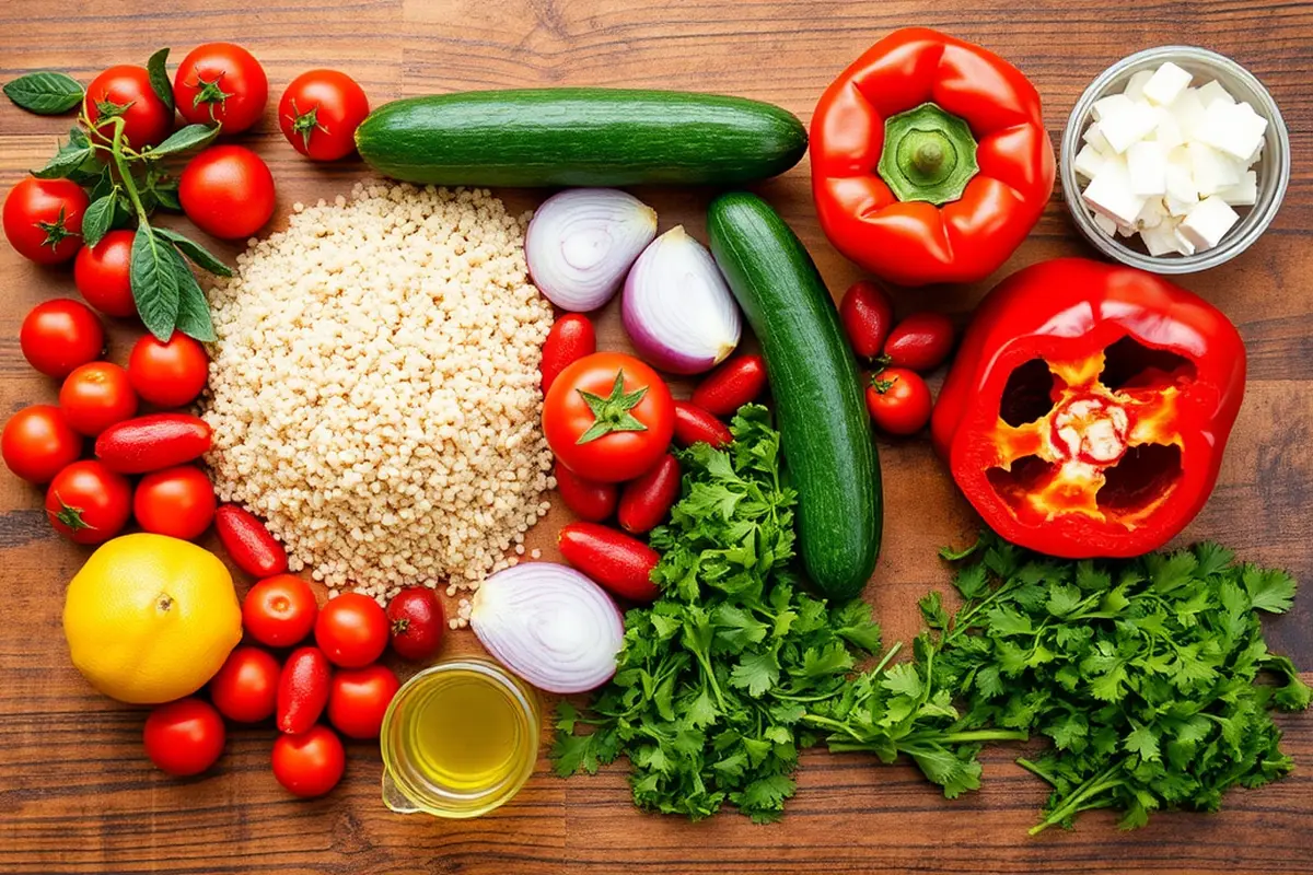 Fresh ingredients for Mediterranean quinoa salad arranged on a rustic table.