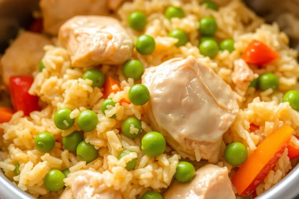 Close-up of Instant Pot Chicken and Rice with colorful peppers and peas