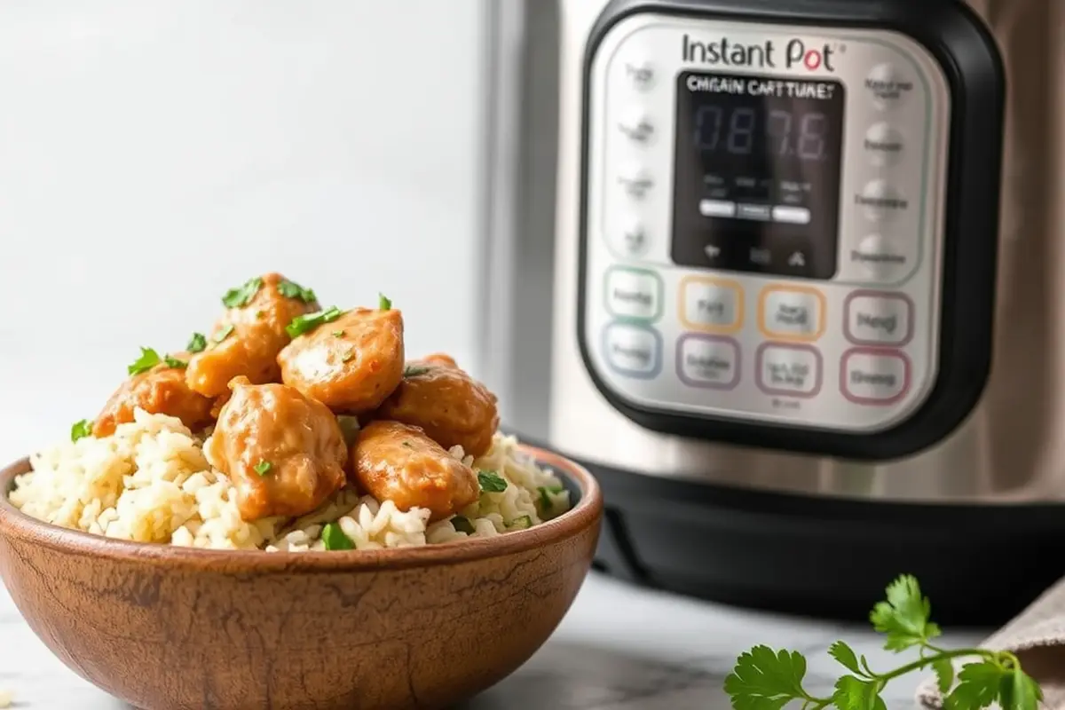 Serving of Instant Pot Chicken and Rice garnished with herbs next to the pot