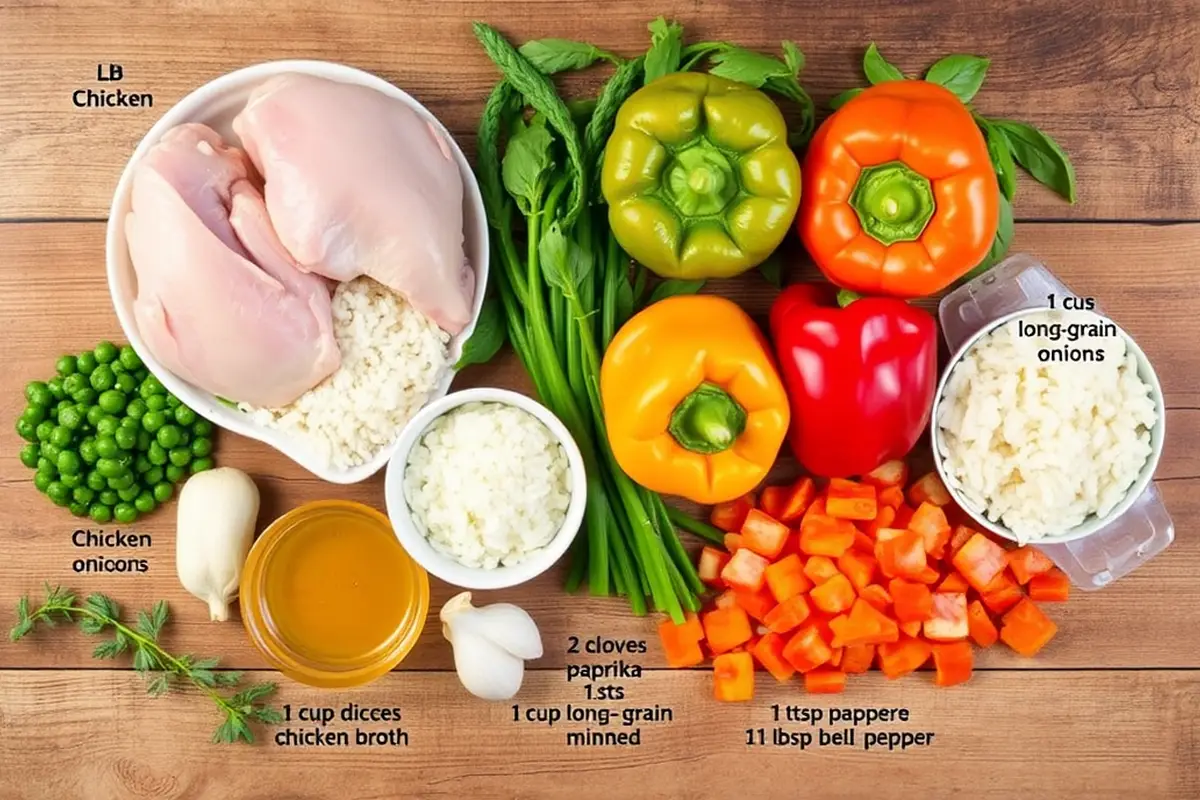 Top-down view of fresh ingredients for Instant Pot Chicken and Rice on a wooden table