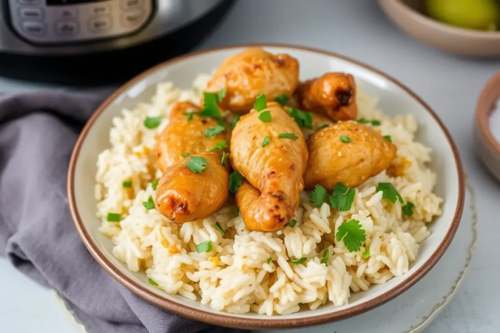 Plated chicken and rice from Instant Pot