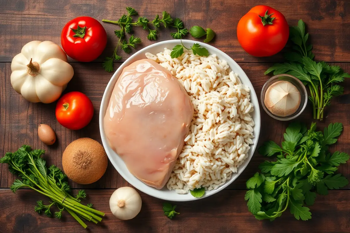 Fresh ingredients for chicken and rice with frozen chicken