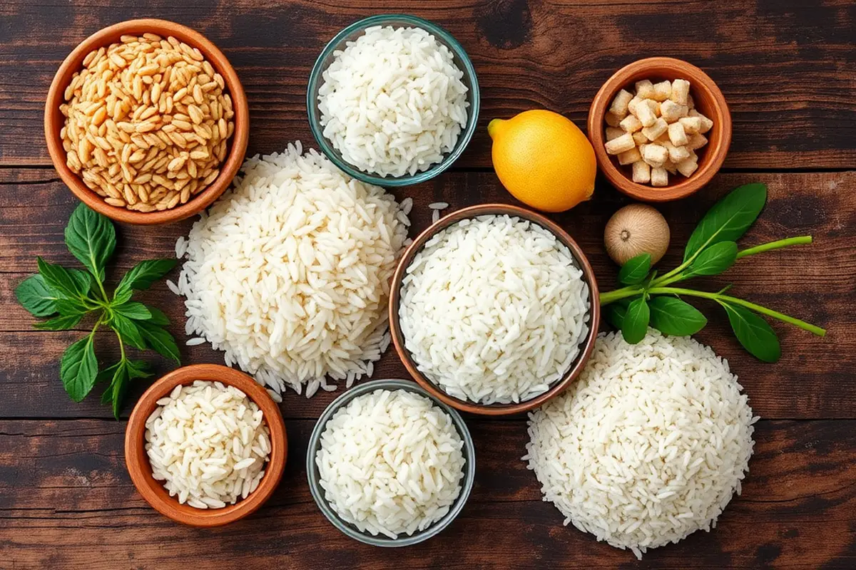 Fresh rice varieties on a rustic table