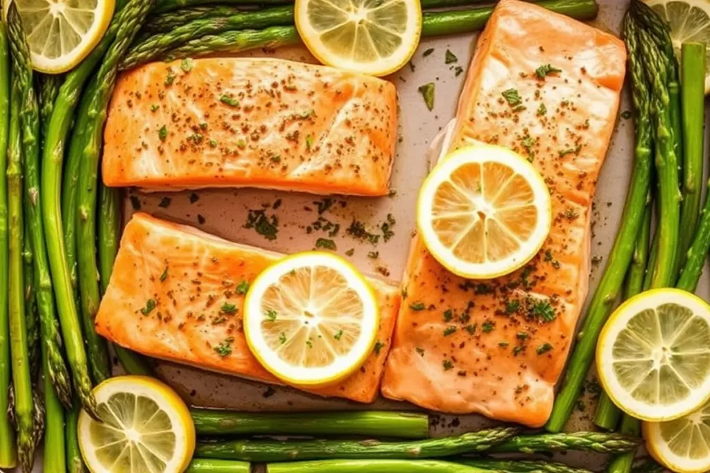 Sheet pan salmon and asparagus with lemon.