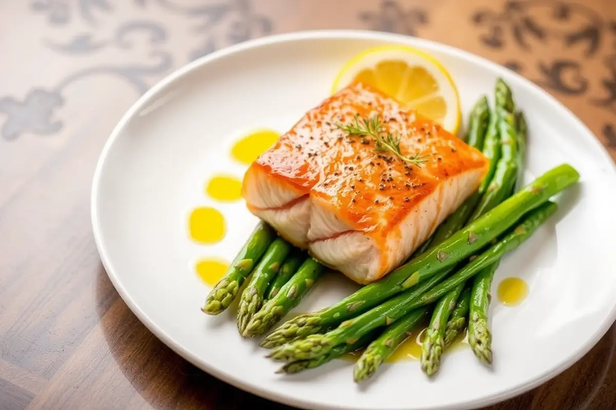 Plated salmon with asparagus and lemon.