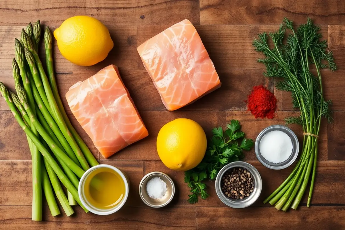 Fresh ingredients for sheet pan salmon and asparagus.