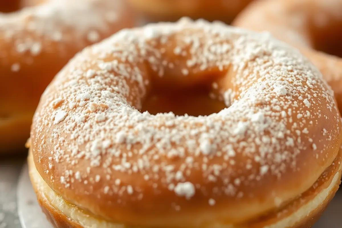 Close-up of a fresh apple cider donut with powdered sugar and spices.