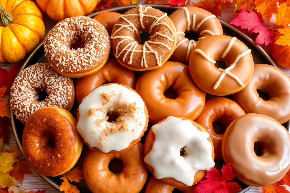 A platter of assorted apple cider donuts with fall-themed decorations.