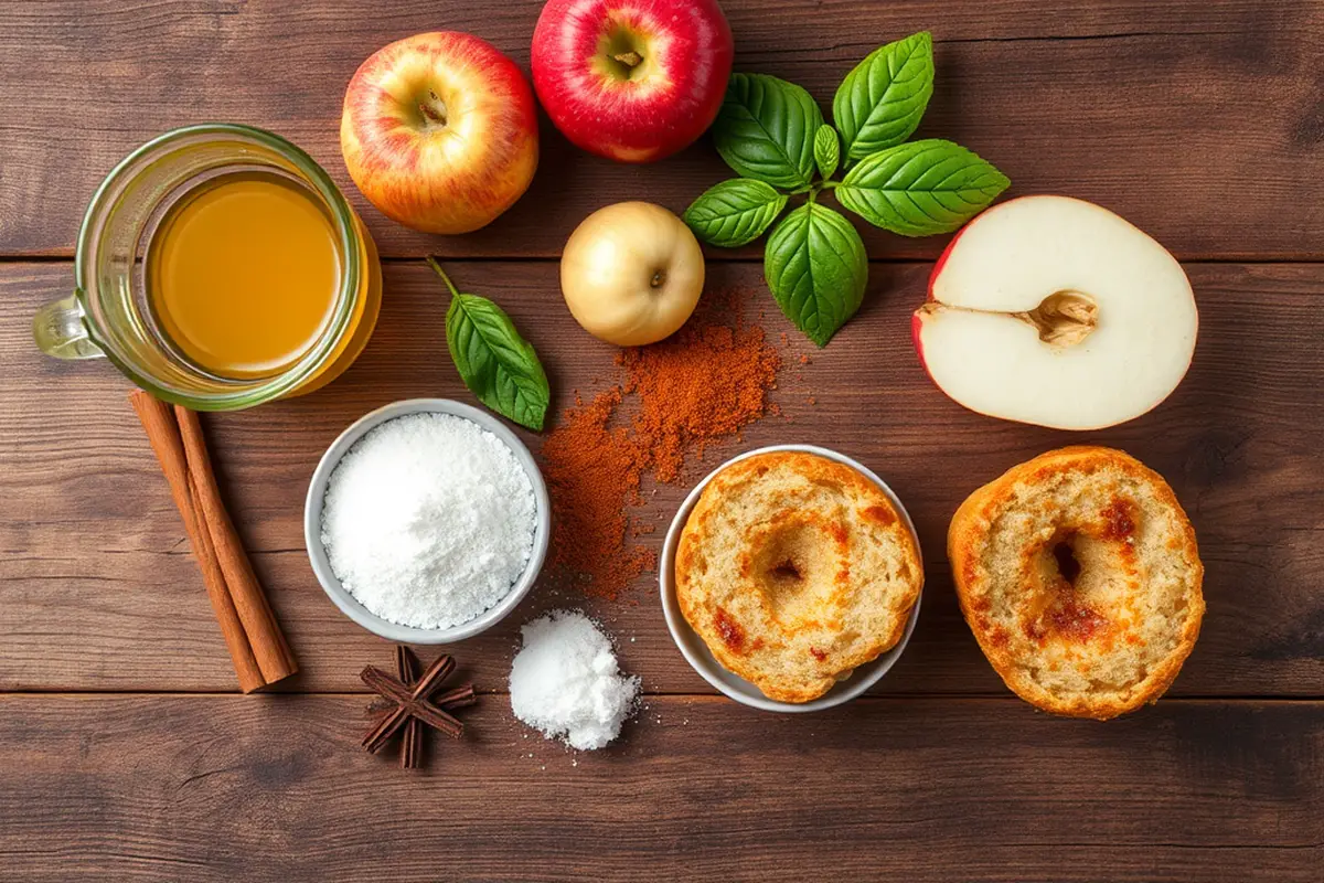 Top view of fresh ingredients for apple cider donuts on a rustic wooden table.