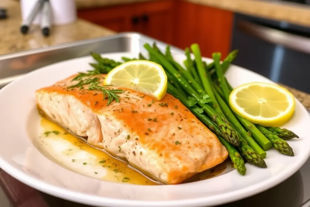 Plated sheet pan salmon with asparagus and lemon