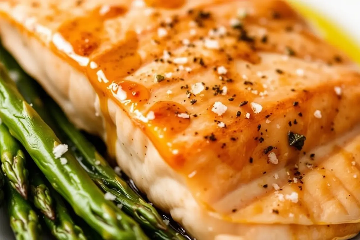 Close-up of salmon fillet and asparagus