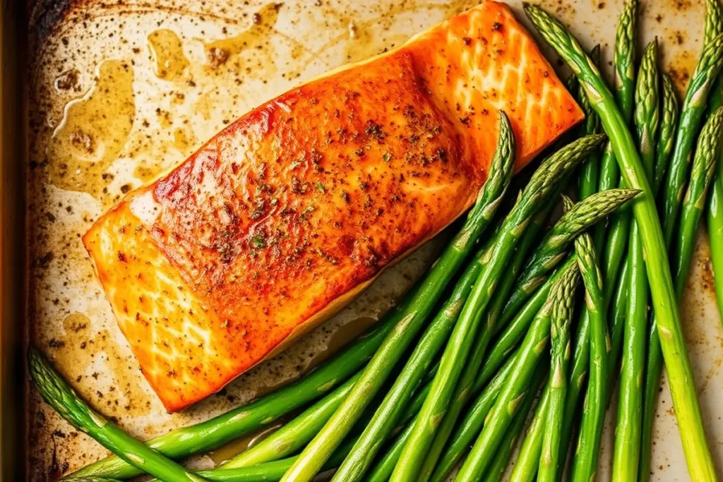 Cooked salmon and asparagus on a sheet pan