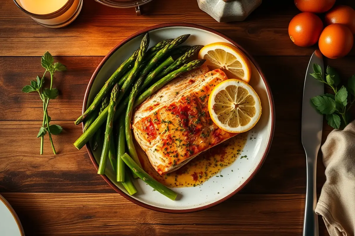 Salmon and asparagus dish on dinner table