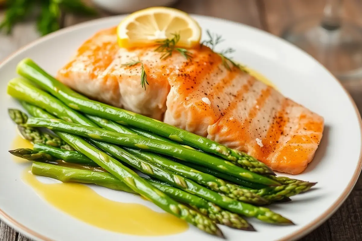 Plated salmon with dill and asparagus