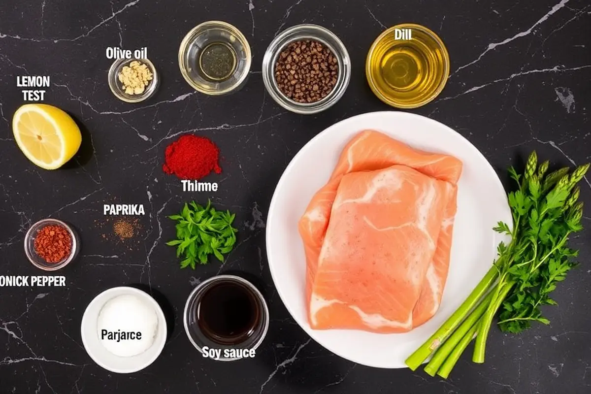 Raw seasoning ingredients for salmon and asparagus