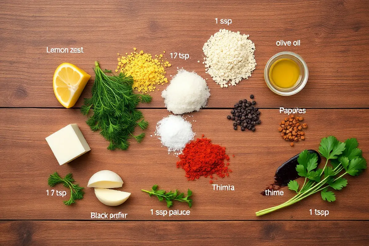 Artistic arrangement of seasoning ingredients for salmon and asparagus