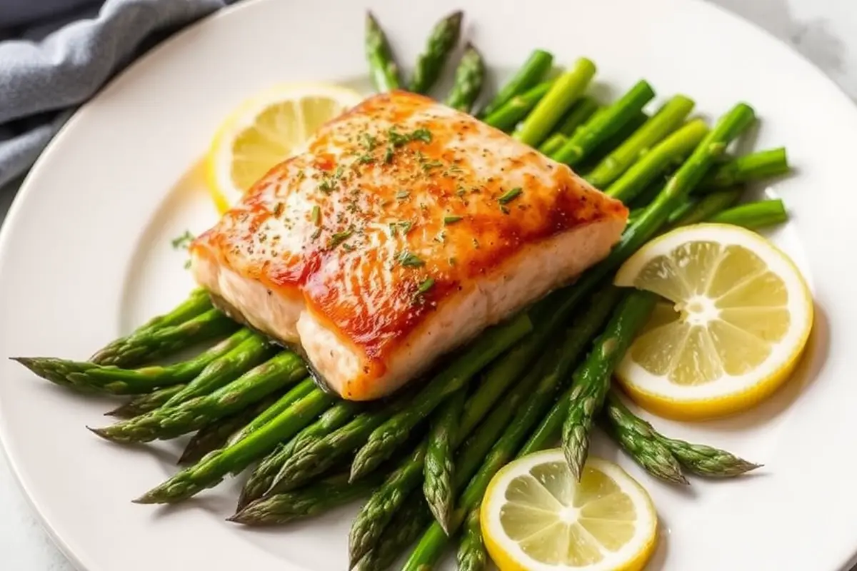 Plated sheet pan salmon and asparagus with herbs.