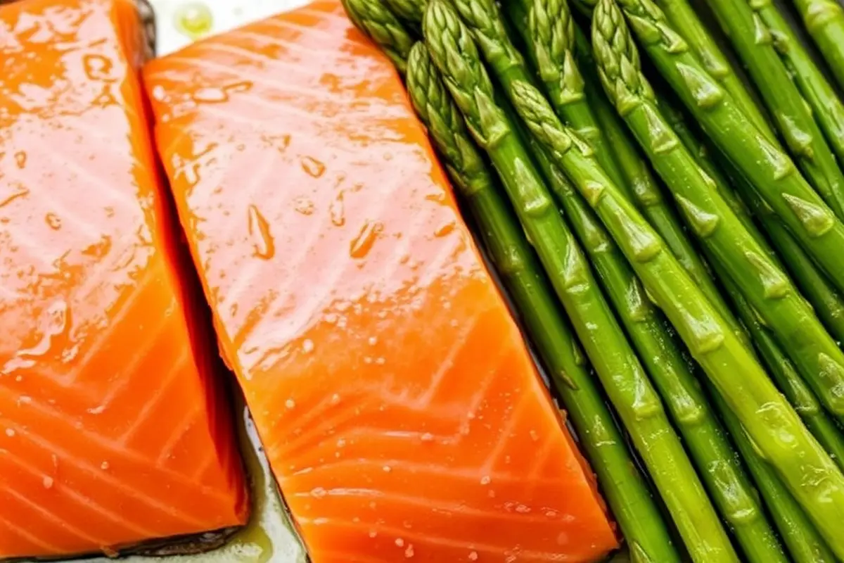 Fresh thawed salmon next to raw asparagus.