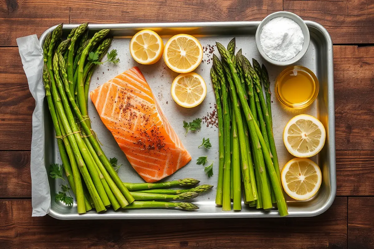 Arranged ingredients for sheet pan salmon and asparagus dinner.