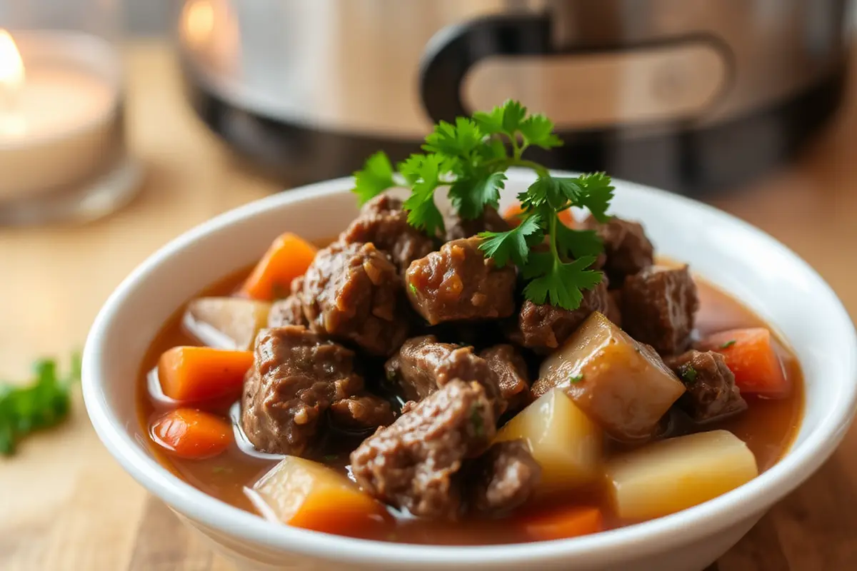 Delicious slow cooker beef stew in a bowl with parsley garnish