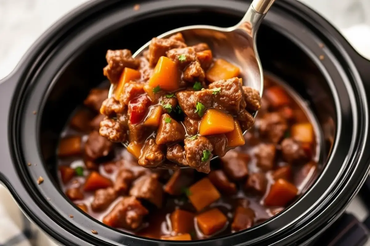 Ladling slow cooker beef stew from a crockpot into a bowl