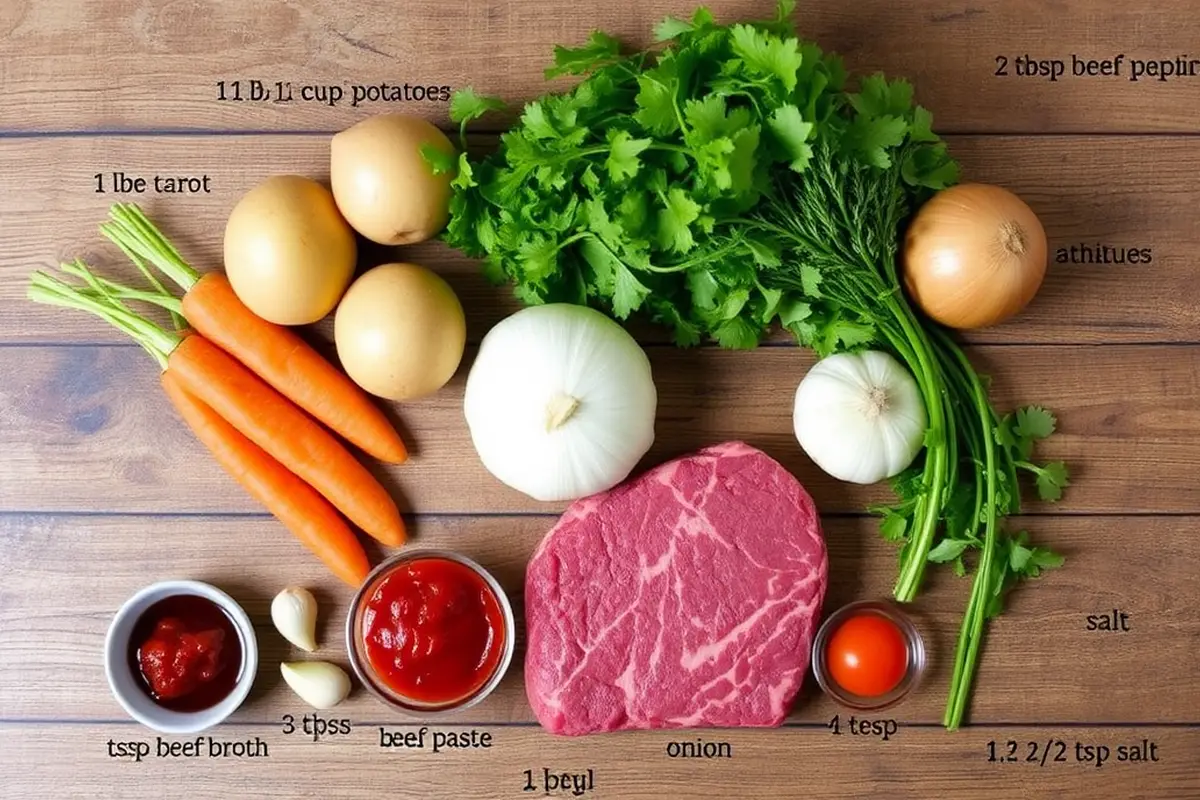 Fresh ingredients for slow cooker beef stew arranged on a wooden table