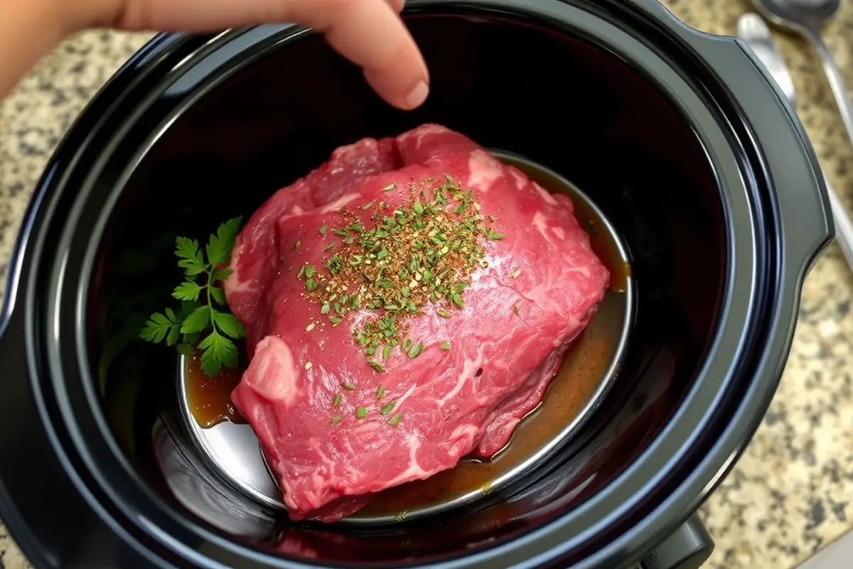 Raw beef in a slow cooker with fresh herbs and spices.