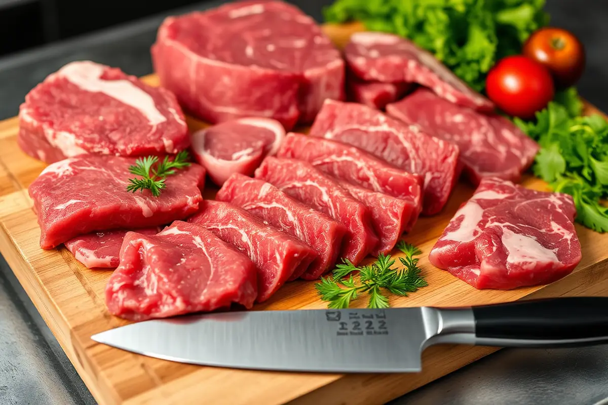 Fresh raw beef cuts on a cutting board with vegetables.