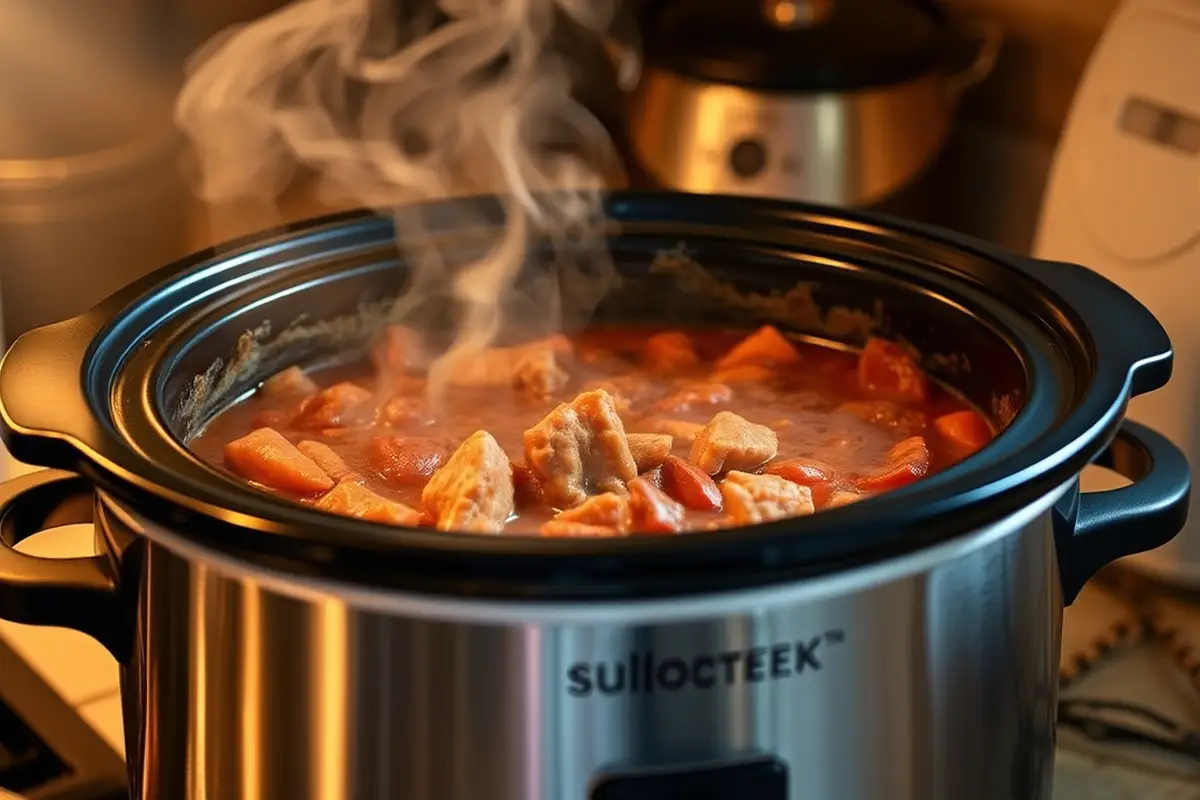 Slow cooker with hearty stew cooking on low heat.