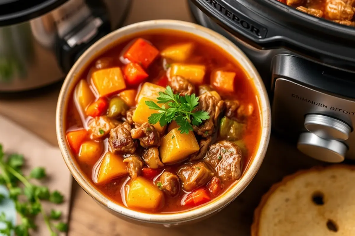 Delicious bowl of stew made in a slow cooker.