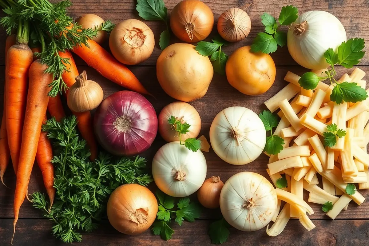 Fresh ingredients for slow cooker stew on a wooden table.