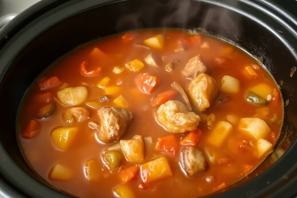 Close-up of a thick stew in a slow cooker with vegetables and meat.