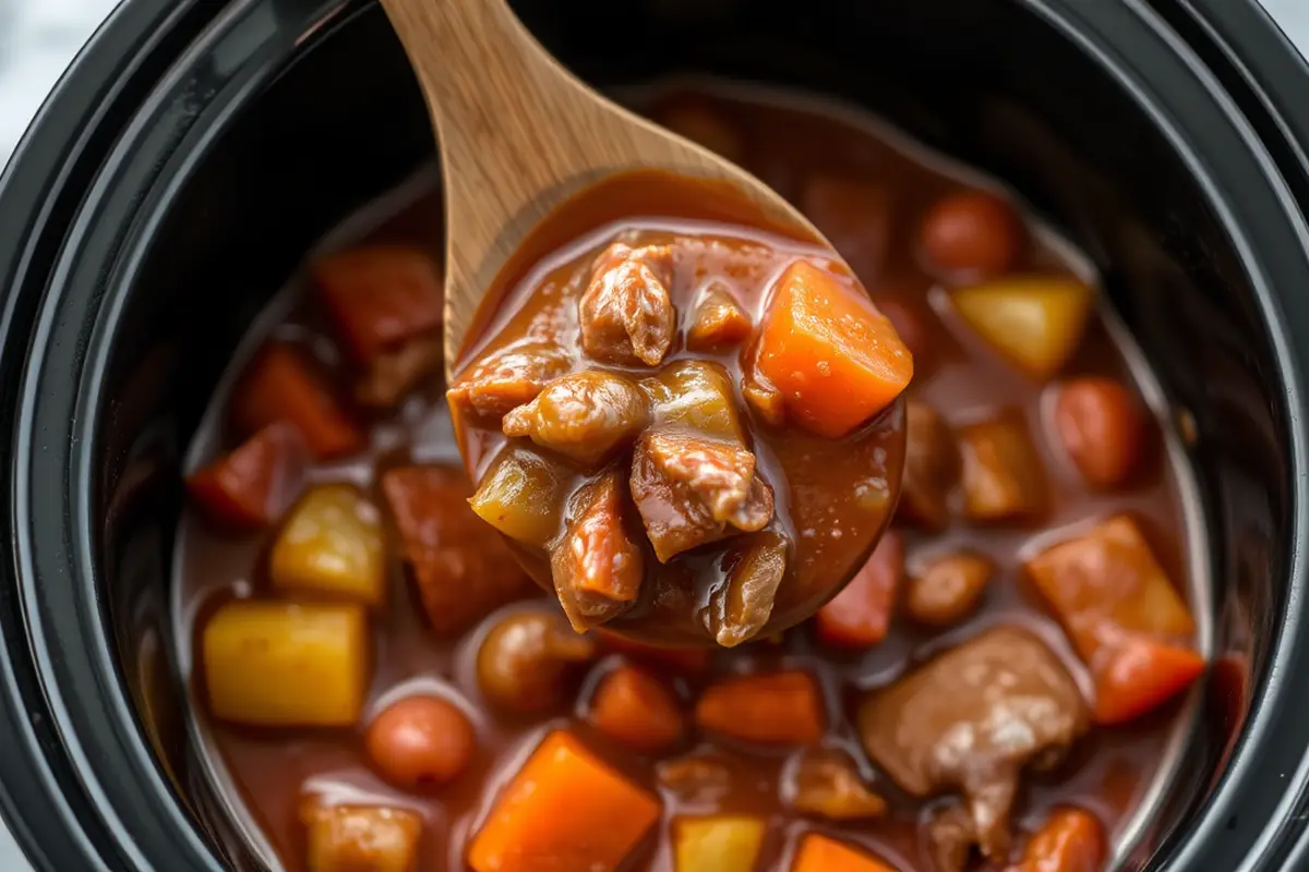 Wooden spoon stirring thick stew in a slow cooker.