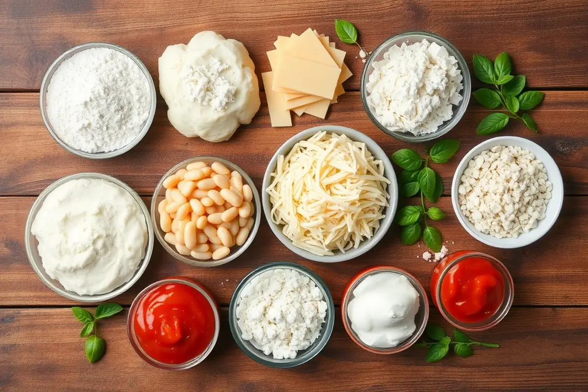 Fresh ingredients for thickening stew laid out on a wooden table.