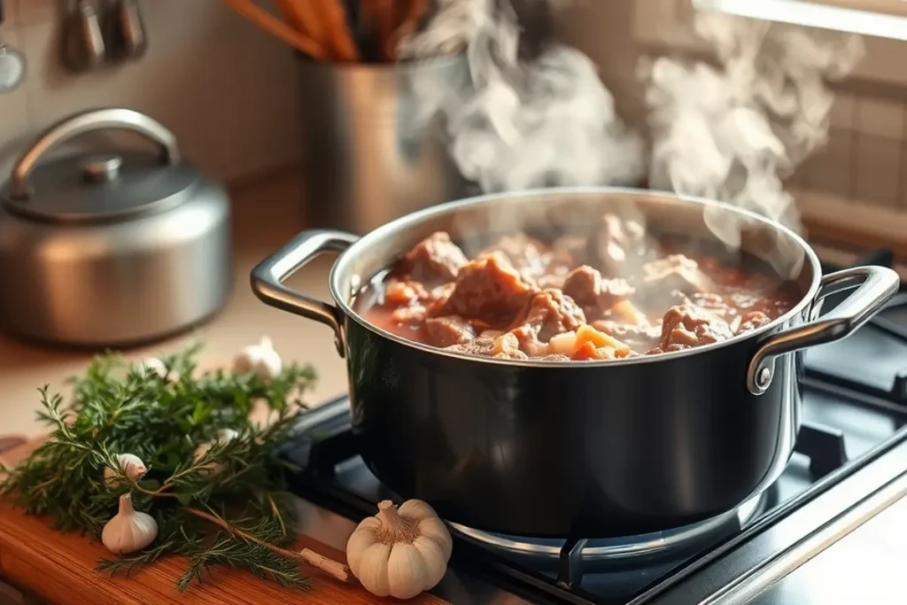 Cozy kitchen with beef stew and fresh herbs