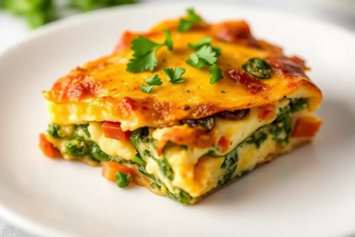 Close-up of keto breakfast casserole slice on white plate with herbs.