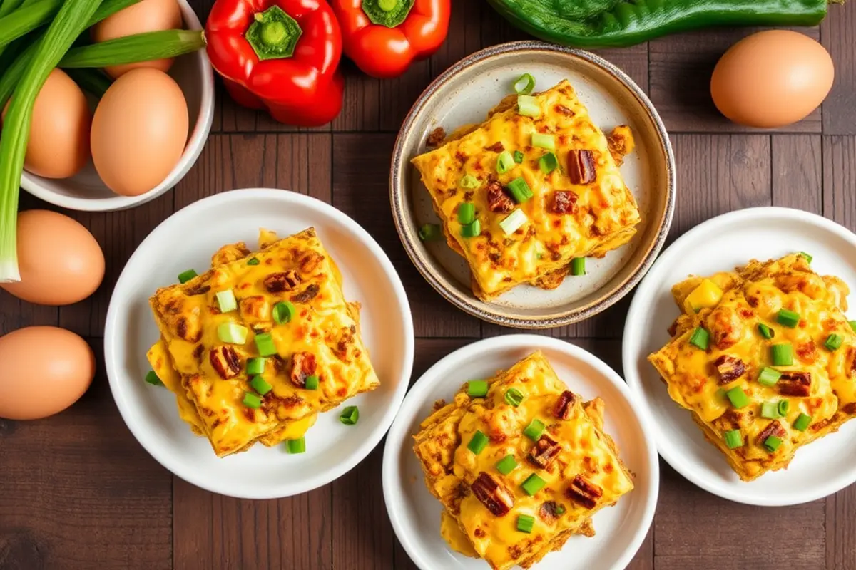 Individual servings of keto breakfast casserole with fresh ingredients.