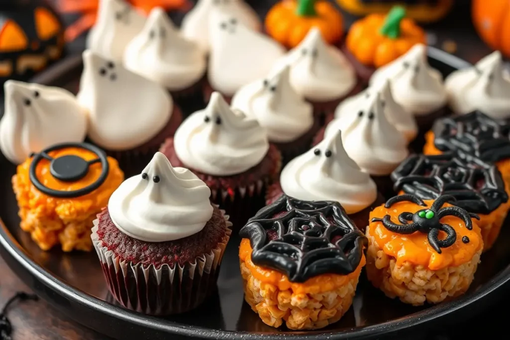 A platter of Halloween treats featuring ghostly meringue cookies, spider web cupcakes, and pumpkin rice crispy treats.