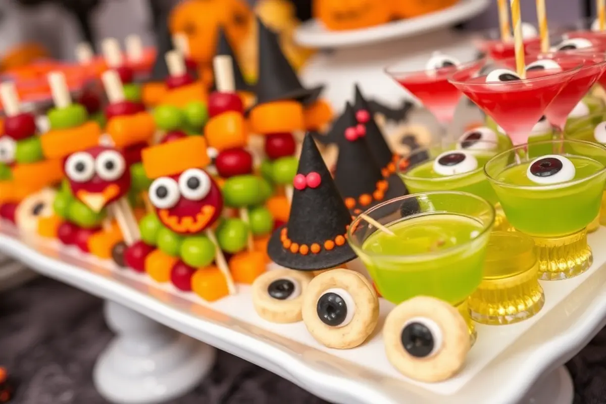 Halloween dessert table featuring monster fruit kabobs, witch's hat cookies, and eyeball Jell-O cups.