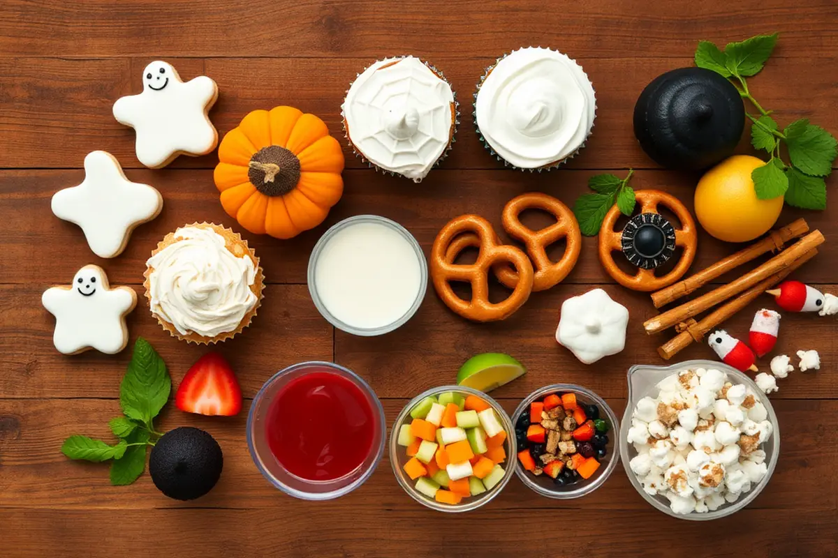 Fresh ingredients for spooky Halloween treats arranged on a rustic wooden table.