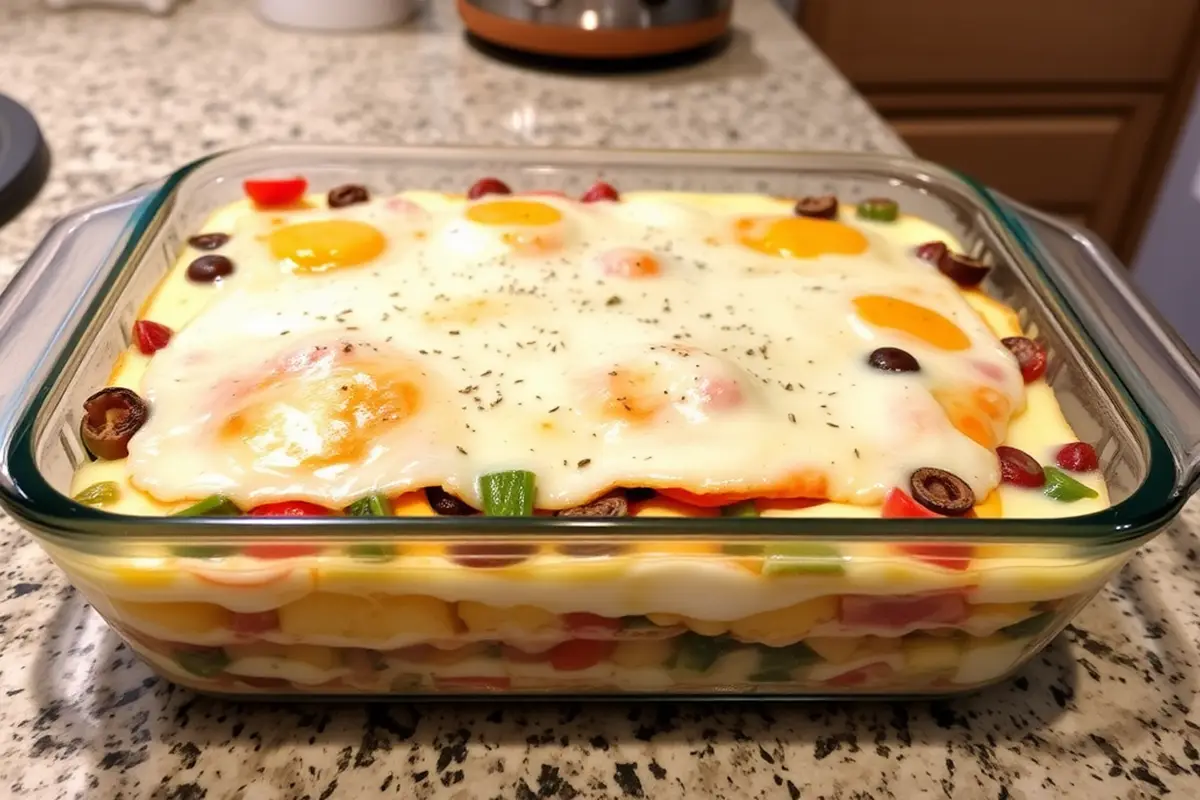 Unbaked breakfast casserole on kitchen counter