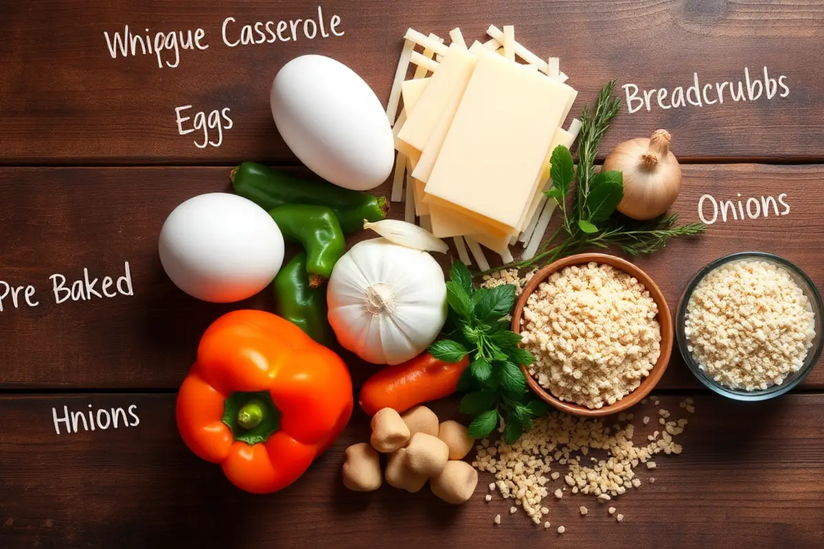 Fresh ingredients for breakfast casserole on wooden table