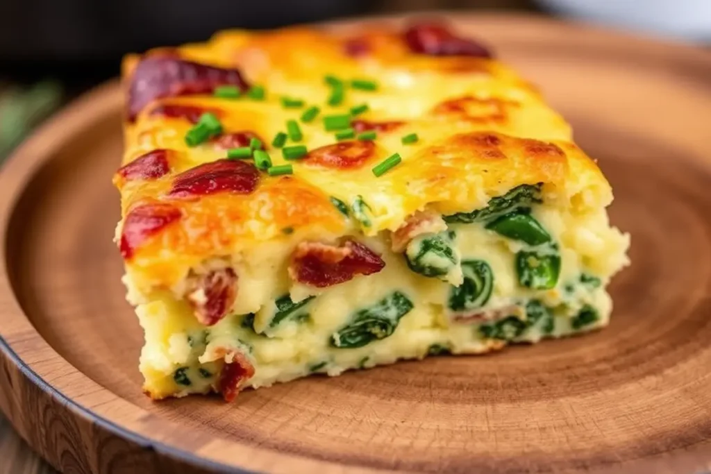 Slice of keto breakfast casserole on a wooden plate with herbs.