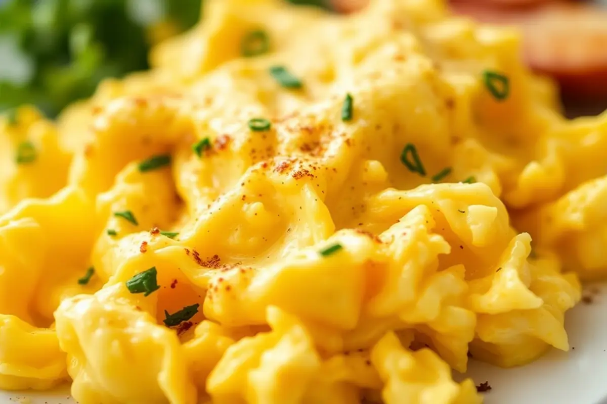 Fluffy scrambled eggs garnished with herbs, perfect for a keto diet.