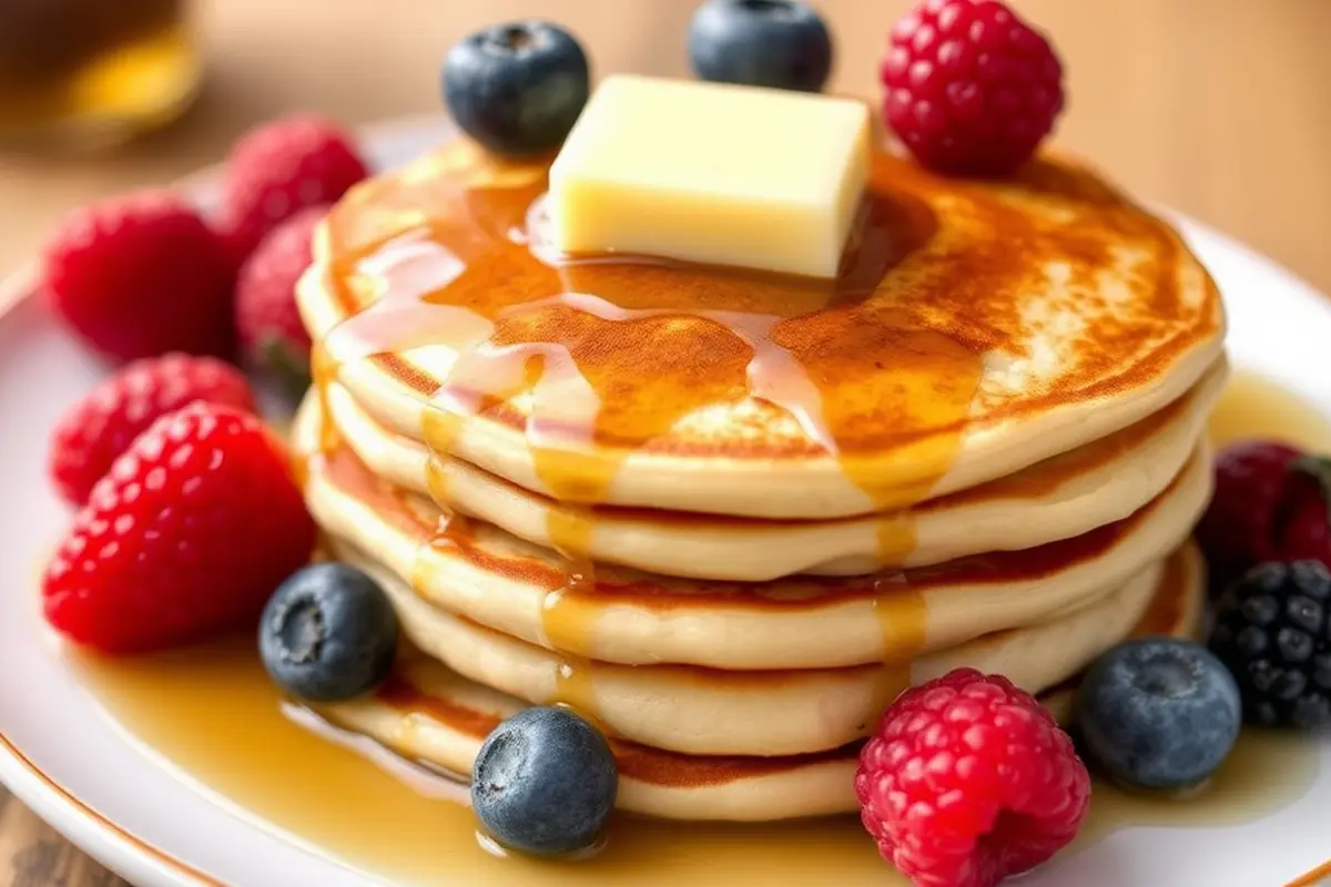 Fluffy coconut flour pancakes with fresh berries and sugar-free maple syrup