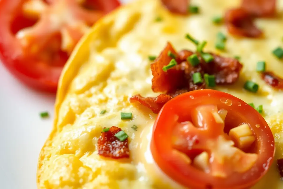 Creamy avocado and bacon omelette garnished with herbs