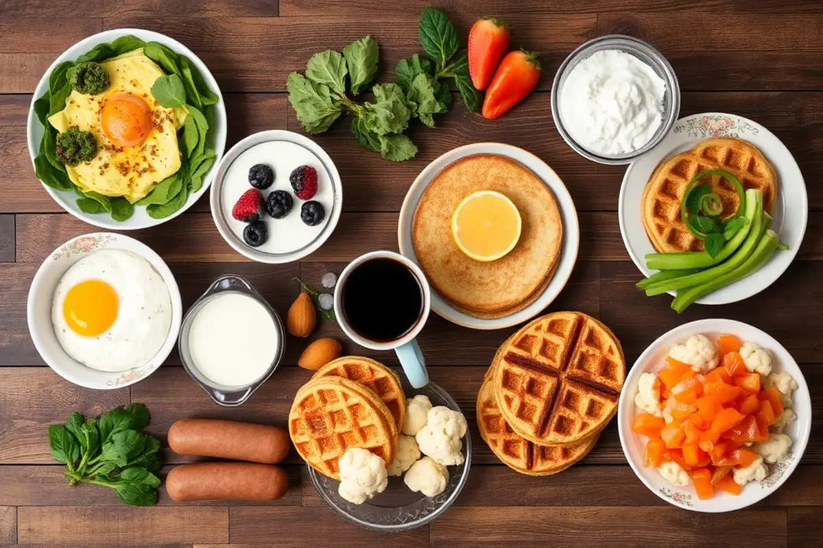 Fresh keto breakfast ingredients arranged on a rustic wooden table