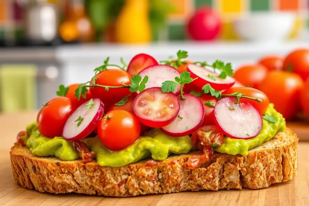 Colorful avocado toast with cherry tomatoes and radishes