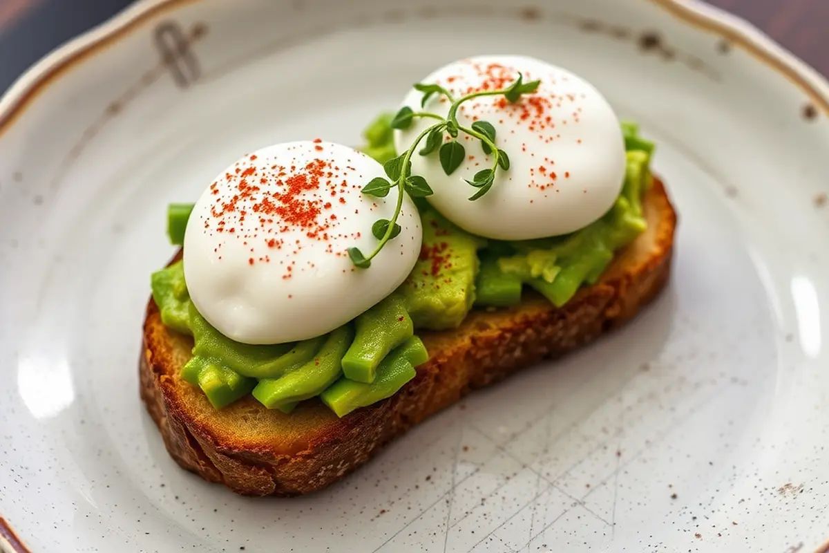 Avocado toast with poached eggs and microgreens